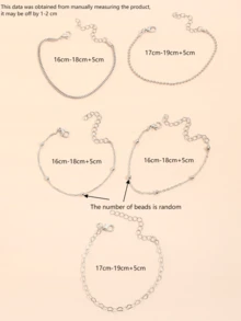 5pcs/Set Minimalist Metal Chain Layered Bracelet Set (Bead Quantity May Vary, Avoid Contact With Water) - Silver - View 5