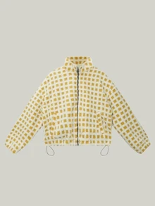 Sherpa Checkered Jacket For Women Plaid Zip Up Fleece Jacket With Pockets Winter Fall Fuzzy Cropped Coats - Yellow - View 2