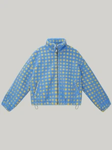 Sherpa Checkered Jacket For Women Plaid Zip Up Fleece Jacket With Pockets Winter Fall Fuzzy Cropped Coats - 藍色 - 查看 2