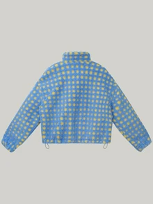 Sherpa Checkered Jacket For Women Plaid Zip Up Fleece Jacket With Pockets Winter Fall Fuzzy Cropped Coats - 藍色 - 查看 3