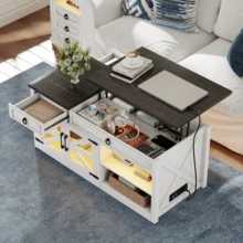 HNEBC 48" Farmhouse Coffee Table With Lifting Top, LED Center Table With Human Sensor Light,Lift Top Coffee Table With Charging Station,Outlets,Drawer,Hidden Storage Compartment,Living Room - Xem 4