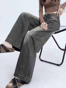 Vintage lavados pantalones vaqueros de pierna ancha mujer principios de otoño nuevo de talle alto americano recto perezoso suelto verano pantalones de arrastre - Azul - Ver 4