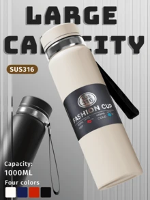 1 pezzo Bottiglia d'acqua isolata in acciaio inossidabile da 1 litro - Tazza da caffè, tazza per auto, bottiglia d'acqua di grande capacità, a tenuta stagna, portatile, adatta per attività all'aperto, arrampicata, campeggio, sport e viaggi - Con coperchio utilizzabile come tazza d'acqua per il ritorno a scuola