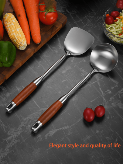 1pc/2pcs Stainless Steel Spatula & Ladle Set, Wooden Handle, Thick Stainless Steel Cooking Utensils, Kitchen Essential