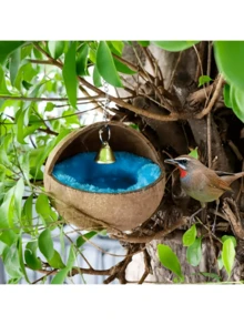 Natural Small Pet Coconut Shell Bird Nest, House, Bed, Breeding Nesting, Anti-Chew, With Warm Pad And Bell For Parrots, Cockatiel, Finches (Model A, One Size, No Pad, Random Bell Color)