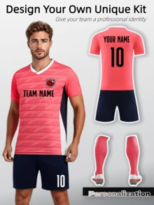 2pcs Personalized Pink & Navy Blue Soccer Uniform Set - Customizable With Name, Number, And Team Logo | Breathable Quick - Dry Fabric For Optimal Performance | Includes Jersey, Shorts, And Matching Socks | Perfect For Teams And Individual Players Seeking A Unique, Vibrant Look On The Field