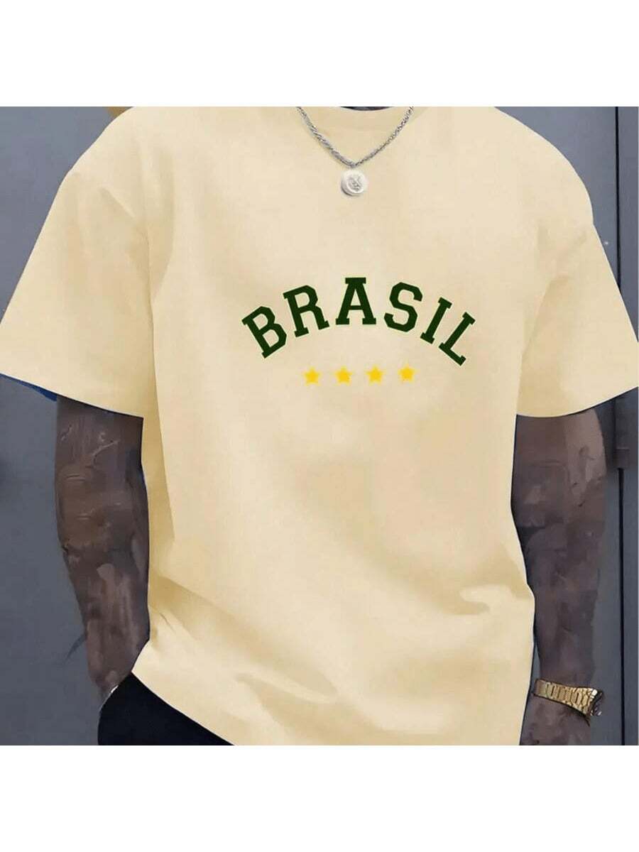 Unisex Brazil Football T-Shirt 100% Premium Cotton Custom Shirt National Oversized T-Shirt Streetwear Casual Men's T-Shirts - 奶油色 - 查看 1