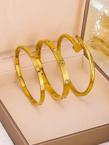 1pc Titanium Steel Bangle, Mirror Polished, Vacuum Electroplated, Anti-Fading Spring Clasp, Lucky Four-Leaf Clover Design With Rhinestones, Classic Fashion For Daily Wear - Three Bracelets - View 6