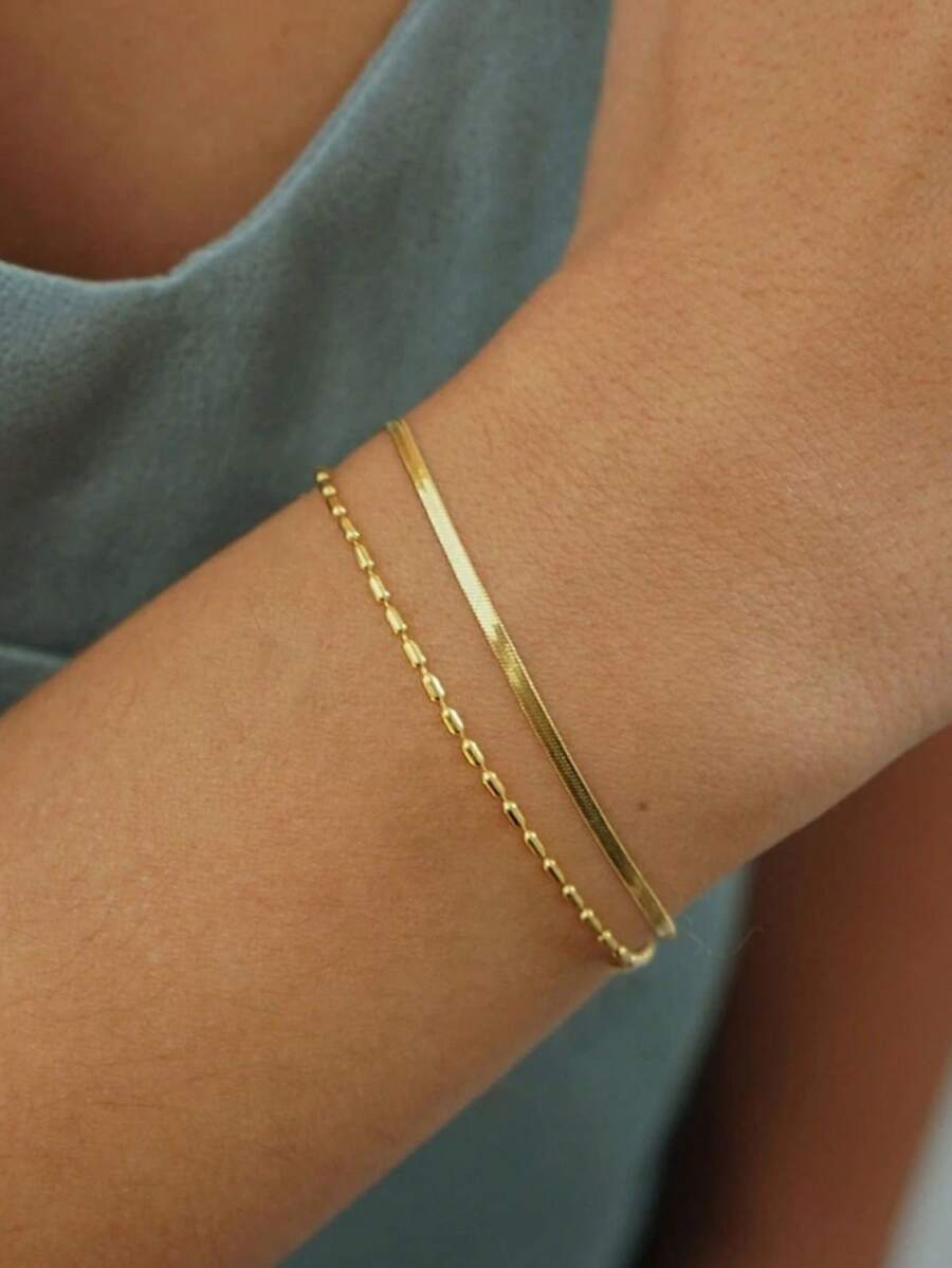 1 buah Gelang Rantai Dua Lapis Perak Sterling 925, Desain Unisex Cocok Untuk Pria Dan Wanita, Aksesori Pemakaian Sehari-hari - Yellow Gold - View 1