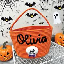 1 pieza Bolsa de tela personalizada para dulces y aperitivos con asa de cuerda, cesta para pedir dulces en Halloween