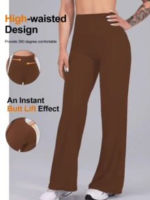 1 件女士高腰直筒宽松裤，修身，提拉，适合运动、瑜伽、休闲装，春夏/秋季 - 巧克力棕 - 查看 6