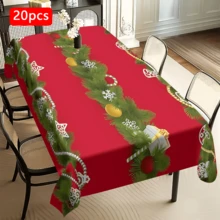 1/20 pièces Nappe de Noël vintage en polyester avec motif de boules de Noël et de cannes en bonbon, convient pour les restaurants, les cuisines et les fêtes, tissée, décorations de fête de Noël, convient pour une utilisation intérieure et extérieure, accessoires de cuisine, idées cadeaux