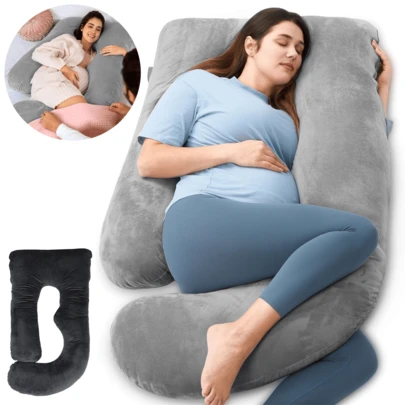 Pregnancy Pillows For Sleeping, J Shaped Maternity Pillow Pillow, 60 Inch Full Body Pillow, With Grey Removable Velvet Cover