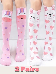 2pcs/Set Cute Cartoon Pink Cow + Rabbit Heart Pattern Simple Student Knee High Socks, Girls Daily Wear Children Socks