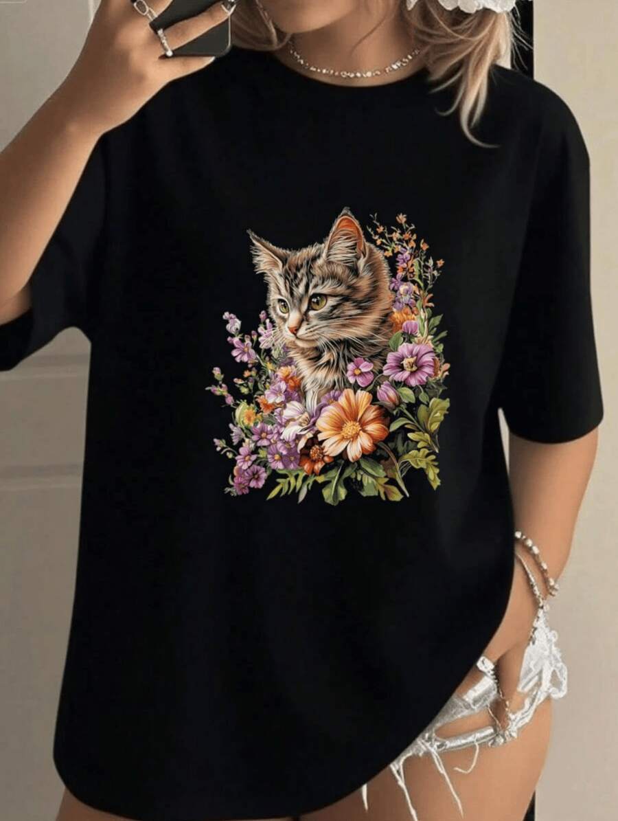Floral Cat Women's Casual TShirt 220g Summer Kitten 100% Cotton Tee 1Pcs  Style Graphic Print T Shirt - Black - View 1