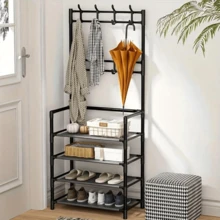 4-Layer/5-Layer Independent Metal Shoe Rack (The Material For Placing Shoes Is Non-Woven), Coat Rack, Multi-Functional Storage Hanger Outside The Door, Freestanding Wardrobe Hanger, Multi-Layer Indoor Shoe Rack With 8 Double-Hook Stainless Steel Shoe And Hat Combination Racks, 3-In-1 Space-Saving Storage Rack, Very Suitable For Bedroom, Living Room, Behind The Door, Corridor, Hat Rack, Shoe Rack, Portable Wardrobe, Luggage Storage Rack - Multicolor - View 10