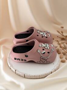 女士可爱图案透气一脚蹬凉鞋，百搭，室内外穿着舒适，时尚