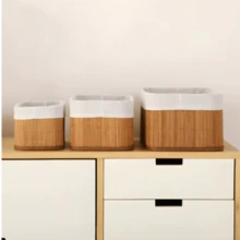 Set Of 3 Multipurpose Bamboo Storage Baskets With Lining - Laundry Basket For Bathroom - Màu vàng - Xem 5