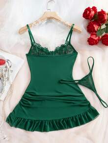 SOFUSEN 2 Pcs Women's Alluring Lace Embroidery Nightie Set - Sheer See-Through Nightgown With Thong And Underwire, Deep V Open Back, Floral Mesh & Ruffle Trim Theme, Bridal Romance And Romantic Nights,Valentine's Day - 墨綠色 - 查看 2