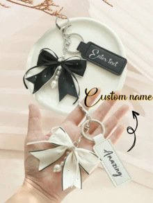 1 Set Of Personalized Bow Keychain, Custom Name Leather Key Ring, With Pearl Tassel Bow Bag Pendant, Diamond-Mixed Key Ring, Custom Key Accessory, Christmas Gift, For Friends And Family. It Is Cute, Charming, Colorful, Y2K-Style, Fashionable, Unisex, Casual, Customizable, Personalized, Unique, And A Custom Version.