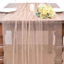 1 pieza Camino de mesa de encaje con perlas romántico, decoración de arco de boda, tela de regalo para despedida de soltera, mantel de encaje con perlas romántico, adecuado para eventos, bordado transparente resistente a las arrugas para mesa de postres