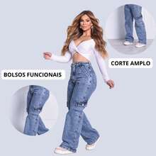 Women's Loose Jeans 100% Cotton Cargo Wide Leg Shopping Simple Casual Elegant Sexy Pocket Cargo Zipper - 大理石紋 - 查看 7