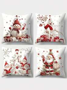 4pcs Christmas Theme Throw Pillow Covers, Modern Polyester Decorative Cushion Covers With Zipper Closure, 17.72 Inch - Printed Holiday Patterns Including Snowman, Reindeer, Santa Claus And Dwarf, Suitable For Sofa, Living Room, Office Decor - Machine Washable, Pillow Inserts Not Included - Multicolor - View 6