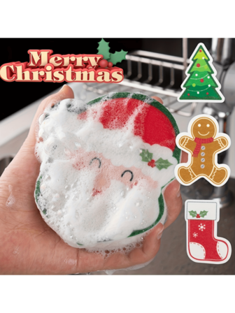 1pc Christmas Kitchen Cleaning Sponge, Non-Scratch For Dish, Scrub Sponge, Dish Scrubbers, Sink Or Stovetop Cleaning Sponge, Scrubbing Sponges, Dishwasher Sponge Brush, Double-Sided Dish Sponges With Santa, Tree, And Stocking Designs, Kitchen Essentials, Kitchen Cleaning Tools, Small Cleaning Tools, Perfect For Holiday Decorations And Gifts, For Cleaning Kitchen, Bathroom, School And Household