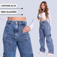 Women's Loose Jeans 100% Cotton Cargo Wide Leg Shopping Simple Casual Elegant Sexy Pocket Cargo Zipper - 大理石紋 - 查看 5