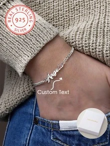 Personalized 925 Sterling Silver Name Bracelet, Available In Silver/Gold Color, Fashionable, Colorful, Retro Minimalist Style, Suitable For Men And Women, Casual And Cute, Customizable, Unique, Ideal Gift For Boyfriend, Girlfriend, Parents, Family, Friends, Anniversary, Birthday, Graduation, Prom, Party - Silver - View 7