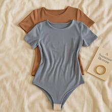 Kit 2 Women's Bodysuit Short Sleeve Elegant Suplex Bodysuit Elegant Casual Look Comfortable Bodysuit Basic And Stylish Fashion Simple Casual Fabric Simple Casual Knitted - 灰棕色 - 查看 3
