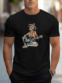 Summer Bestsellers Men's Graphic T-Shirt - Black Guitar And Mexican Hat Skull Design Short Sleeve Shirt - Lightweight Breathable Fabric, Suitable For Fitness, Running, Casual Wear - Machine Washable Daily Street Style Top, Fashionable Sports Gear, Durable Material, Youth Style Supple - 黑色 - 查看 2