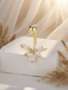 1pc Fashionable Stainless Steel Leaf Shaped Zirconia Navel Ring For Women - Gold - View 2