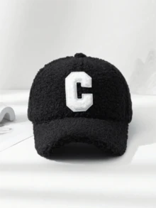 1Ps Men's And Women's Plush Baseball Caps, Embroidered With The Letter "C", Adjustable Black Velvet Street Style Hats, Perfect For Daily Fashionable Outdoor Wear In Autumn And Winter, Can Be Paired With Couple Hats