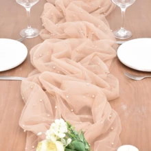 1 pieza Camino de mesa de encaje con perlas romántico, decoración de arco de boda, tela de regalo para despedida de soltera, mantel de encaje con perlas romántico, adecuado para eventos, bordado transparente resistente a las arrugas para mesa de postres