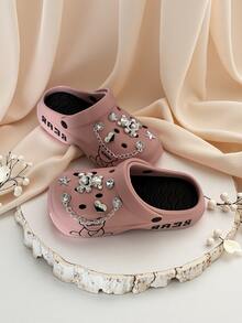 女士可爱图案透气一脚蹬凉鞋，百搭，室内外穿着舒适，时尚