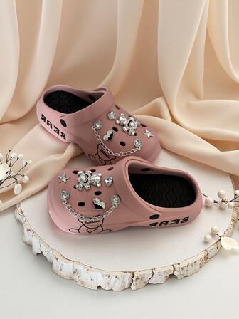 女士可爱图案透气一脚蹬凉鞋，百搭，室内外穿着舒适，时尚