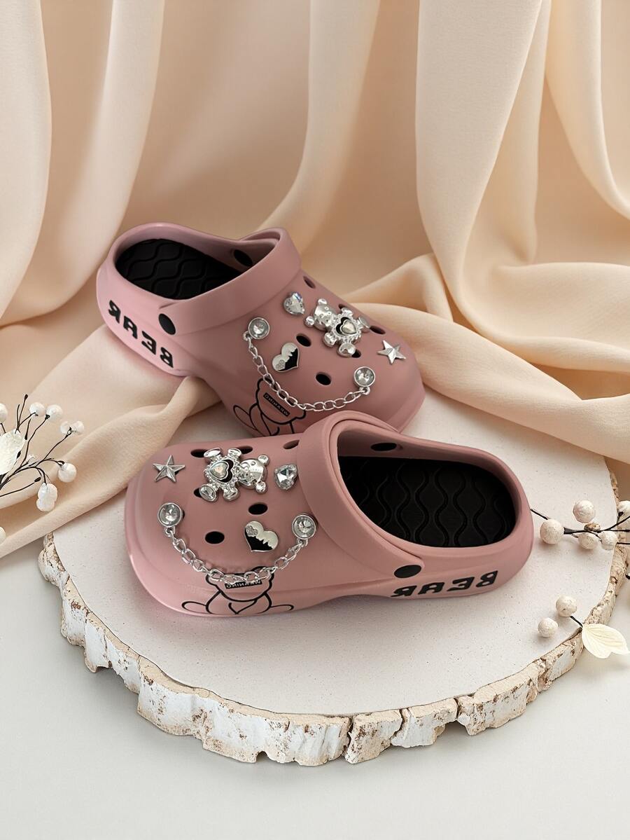 女士可爱图案透气一脚蹬凉鞋，百搭，室内外穿着舒适，时尚