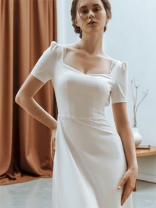 1pc Woman Open Back Wedding Dress, Elegant Minimalist Bow Back Wedding Dress With Short Sleeves, Simple Wedding Dress,White Rustic Crepe Wedding Dress, All Seasons, Elegant And Comfortable, Suitable For Wedding,Party, Singles' Party,Vacation,Bride,Formal Occasions,Dinner Dress,Prom Dress,Homecoming Dress,Cocktail Party,Birthday Party - 白色 - 查看 6