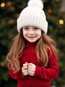 1 件针织帽女童男童厚羊毛帽儿童保暖柔软帽小孩可爱绒球针织帽适合冬季户外使用