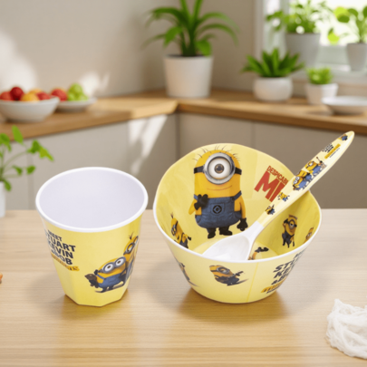 Minions Ensembles de vaisselle ménagère, bols façonnés, tasses à boire, cuillères, vaisselle de table de dessin animé mignonne, repas, flocons d'avoine pour le petit-déjeuner, tasses à lait, convient pour les cadeaux d'amis, ensembles de vaisselle de fête à thème