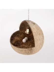 Natural Small Pet Coconut Shell Bird Nest, House, Bed, Breeding Nesting, Anti-Chew, With Warm Pad And Bell For Parrots, Cockatiel, Finches (Model A, One Size, No Pad, Random Bell Color)