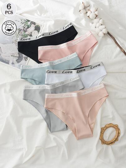6pcs Women's LOVE Print Soft Breathable Mid-Rise Bikini Panties, Women's Underwear