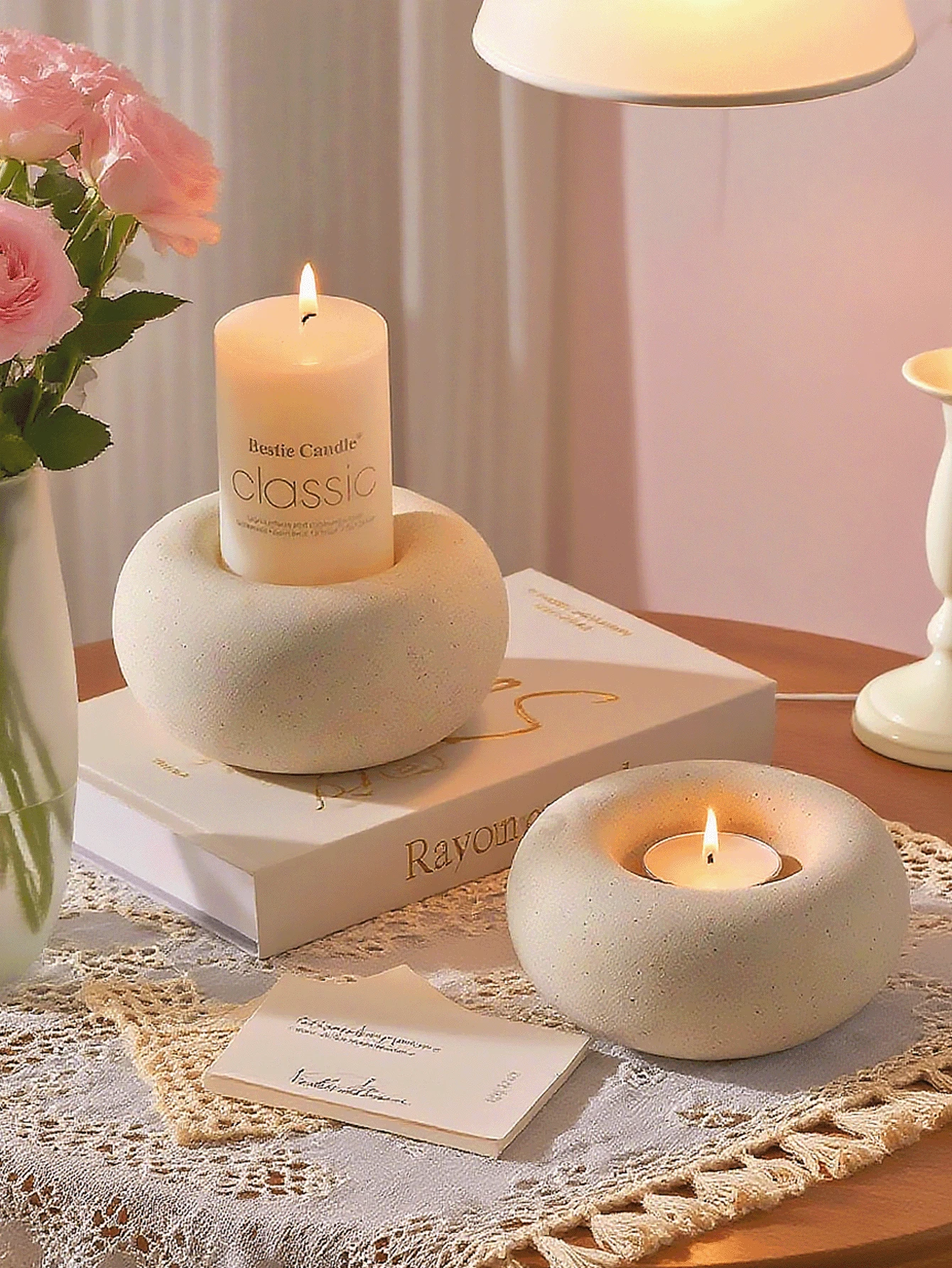 1件套白色陶瓷烛台 - 创意简约家居装饰，适用于餐桌和书桌，圆形烛台，餐桌、婚礼、节日家居装饰，圣诞节和新年理想之选 - 彩色 - 查看 1