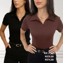 Women's Casual Elegant Polo Neck Shirt BlouseCasualElegantCuteCottonOffice - 黑色和棕色 - 查看 1