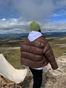 Petite Girl 女式冬季羽绒夹克轻薄绗缝立领长袖宽松拉链纽扣外套 - 巧克力棕 - 查看 2