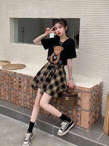 Casual estilo deportivo vestidos cortos Verano retro Hong Kong estilo temperamento falda nudo a cuadros - Negro - Ver 6