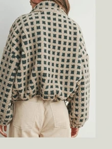 Sherpa Checkered Jacket For Women Plaid Zip Up Fleece Jacket With Pockets Winter Fall Fuzzy Cropped Coats - Green - View 5