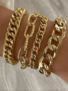 4pcs/Set Minimalist Punk Metal Chunky Chain Bracelet Set, Suitable For Dating, Party, Daily Wear - Yellow Gold - View 11