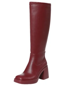 2025 New Fall Fashion Knee High Boots For Women Thick Heel Solid Color Side Zipper Square Toe Comfortable Classic Wide Calf Boots Winter Party Motorcycle Nightclub Shoes - 酒紅色 - 查看 7